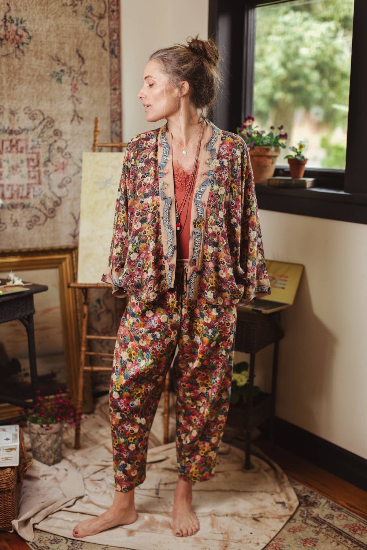 Art of Life Linen Cropped Artist Pant with Boho Floral Print