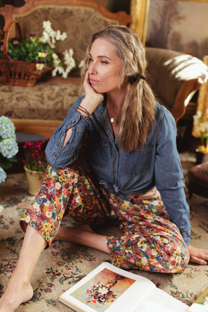 Art of Life Linen Cropped Artist Pant with Boho Floral Print