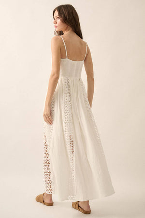 White Crochet Lace and Crepe Paneled Maxi Dress