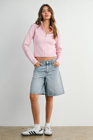 Zip Up Long Sleeve Mock Neck Cardigan