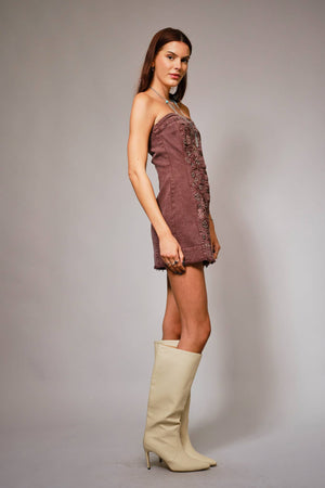 Embroidered Button Up Tube Denim Dress