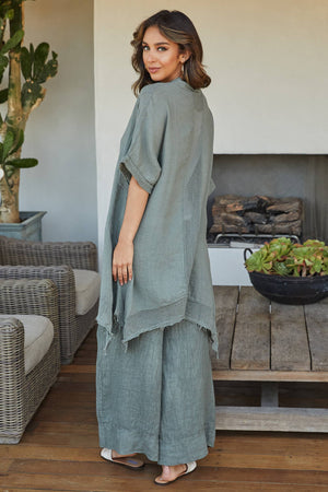 Linen Open Short Sleeve Cardigan with Mesh Detail