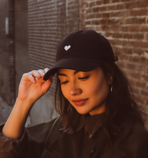 Black Cotton Dad Hat –  Embroidered Heart Cap