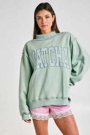 Embroidered "MATCHA" Mock Neck Sweatshirt