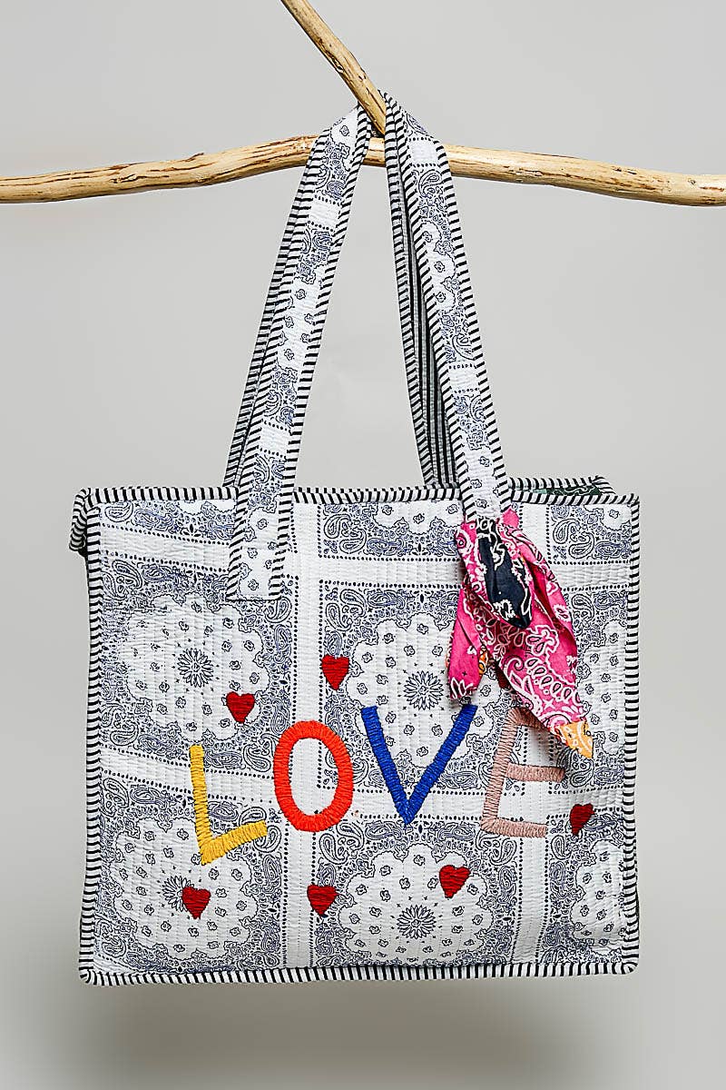 Quilted Natural Paisley LOVE Tote Bag