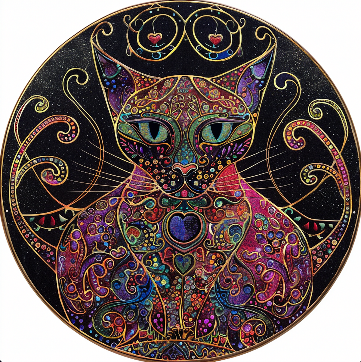 Mystical Cat Art Tambourine and Ribbon Wall Hanging