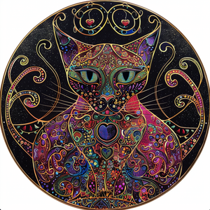 Mystical Cat Art Tambourine and Ribbon Wall Hanging