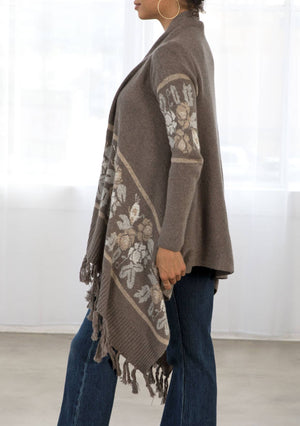 Western Floral Knit Fringe Trim Cardigan