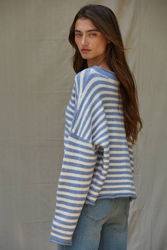 Blue and White Striped Button Down Knit Cardigan