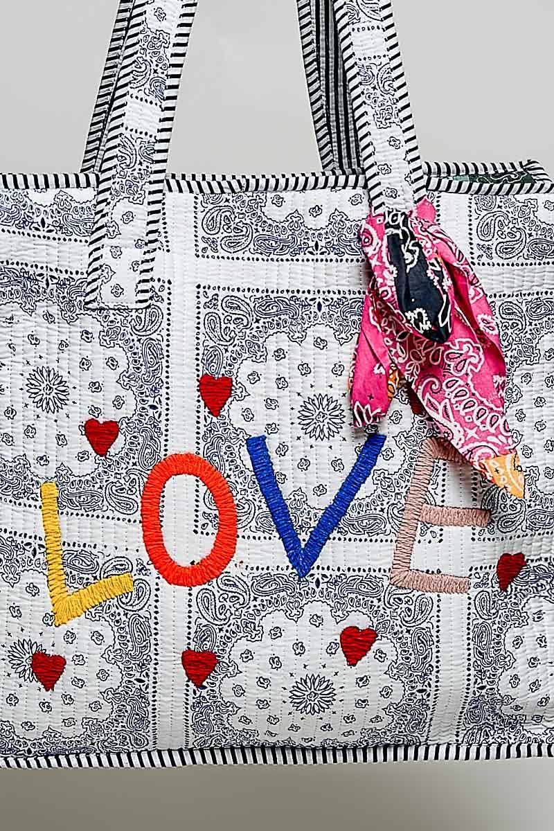 Quilted Natural Paisley LOVE Tote Bag