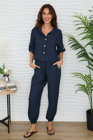 Elastic Waist Linen Pants with Cuffed Ankle