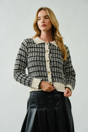 Tweed Style Button Down Cardigan With Scallop Detail