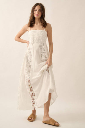 White Crochet Lace and Crepe Paneled Maxi Dress