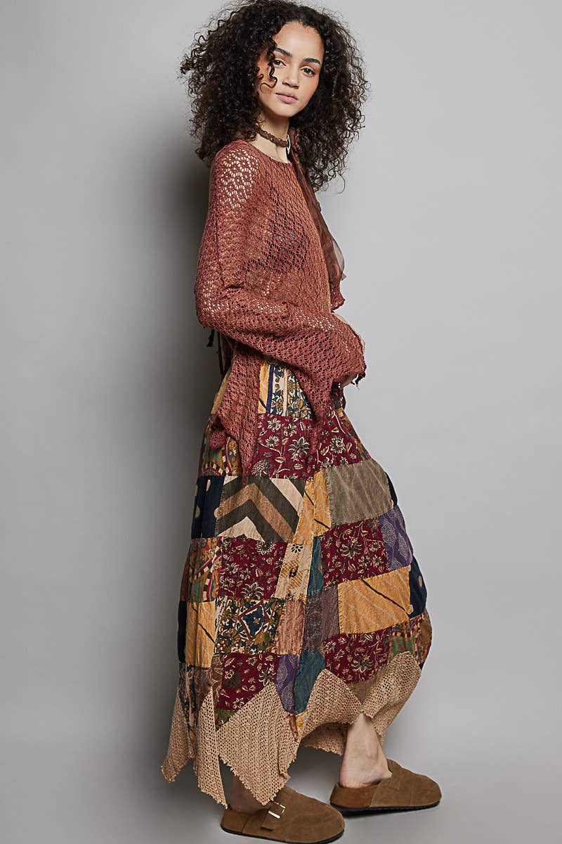 Patchwork Elasticized Waistband Print Panel Woven Skirt