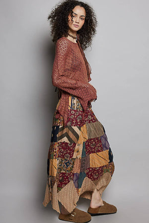 Patchwork Elasticized Waistband Print Panel Woven Skirt
