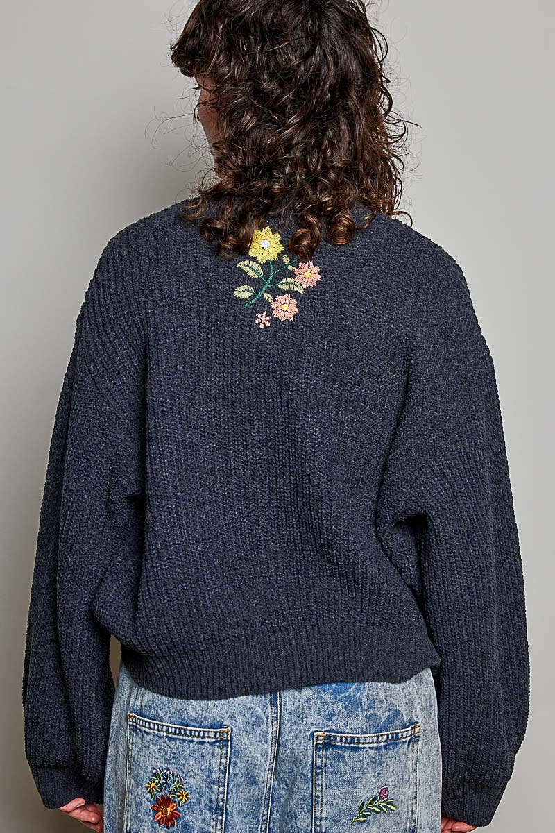 Embroidered Peace Knit Cardigan – Charcoal