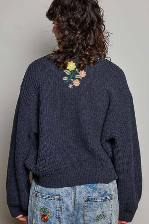 Embroidered Peace Knit Cardigan – Charcoal