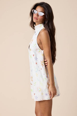 LINEN GALAXY TURTLE NECK CUTOUT PLAIN MINI DRESS