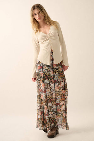 Floral Mesh Inverted Seam Maxi Skirt