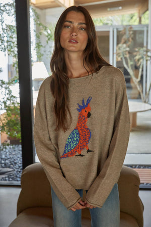 Bird Print Knit Pullover Sweater – Creamy Yellow