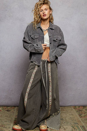 Pocket front button down distressed hem corduroy jacket