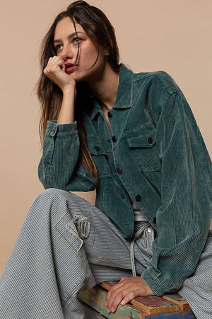 Pocket front button down distressed hem corduroy jacket