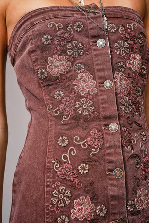 Embroidered Button Up Tube Denim Dress