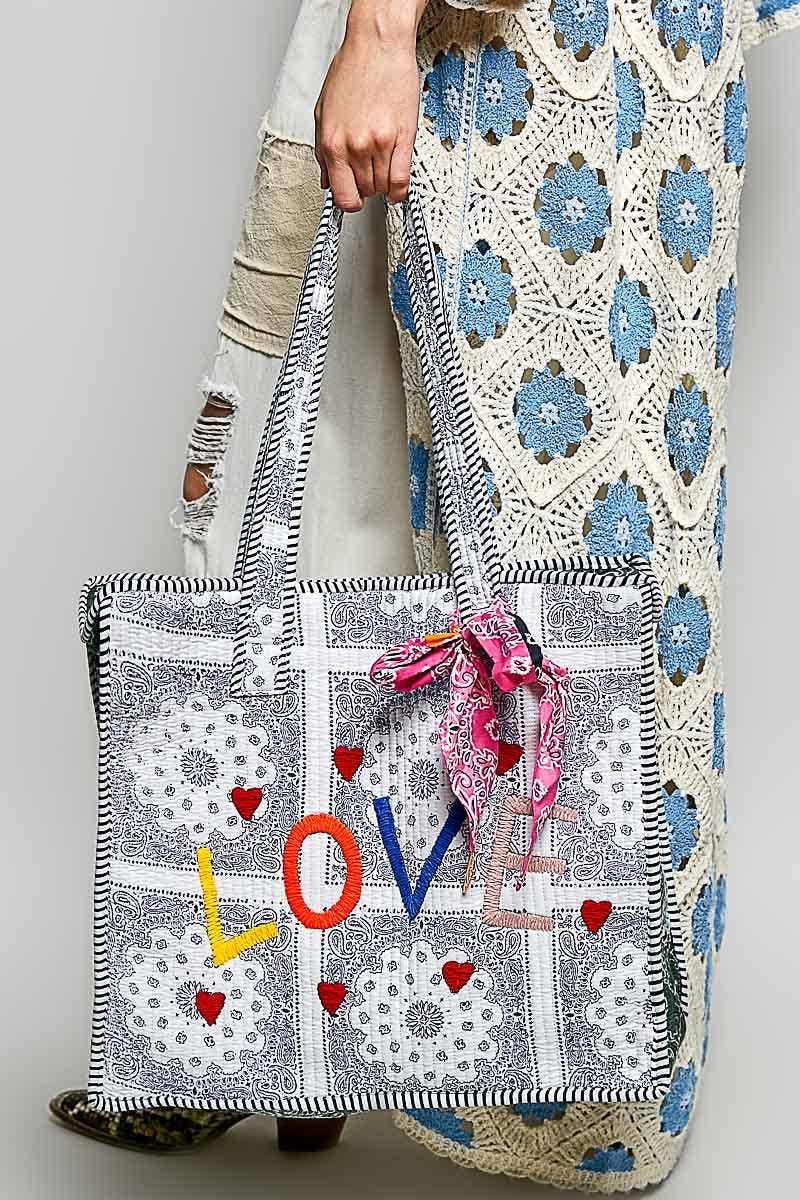 Quilted Natural Paisley LOVE Tote Bag