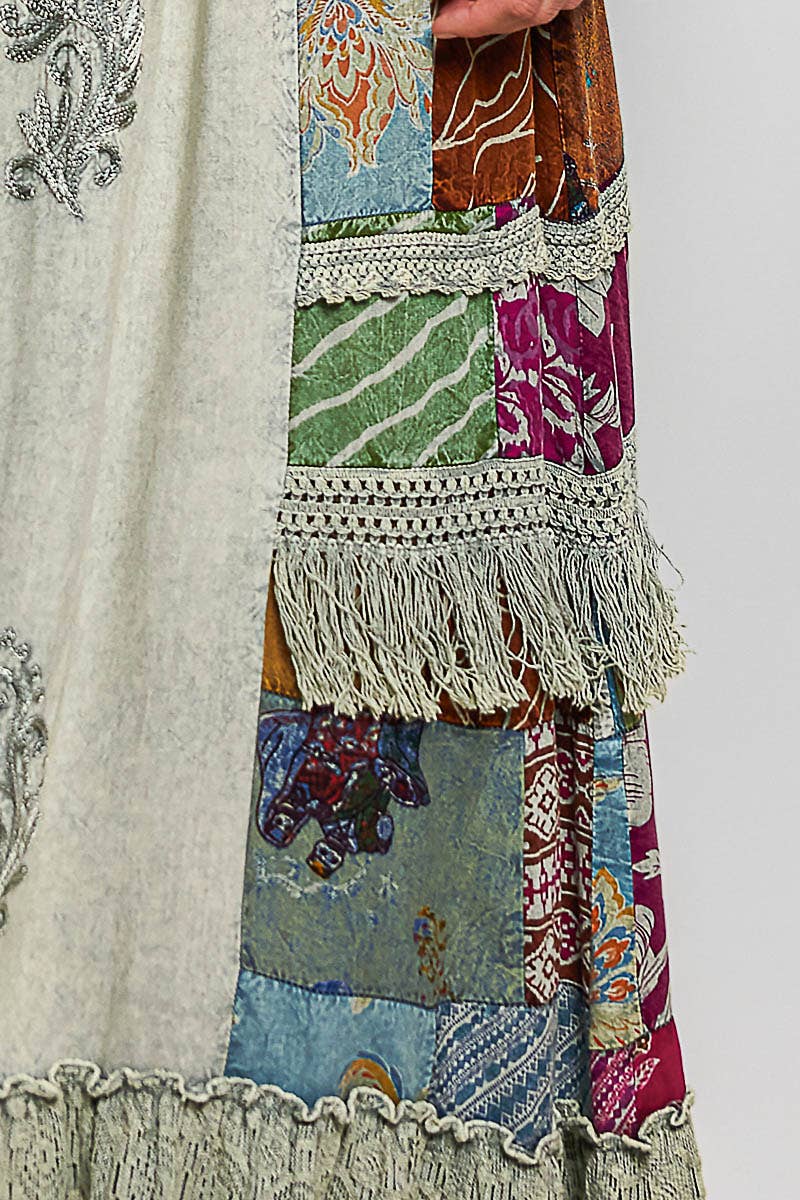 Print Patch Vintage Wash Ruffle Long Skirt