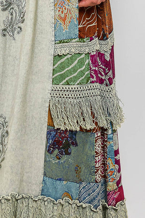 Print Patch Vintage Washing Ruffle Long Skirt