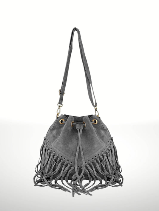 Emanuela Suede Leather Fringe Bag - Gray