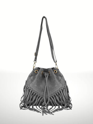 Emanuela Suede Leather Fringe Bag - Gray