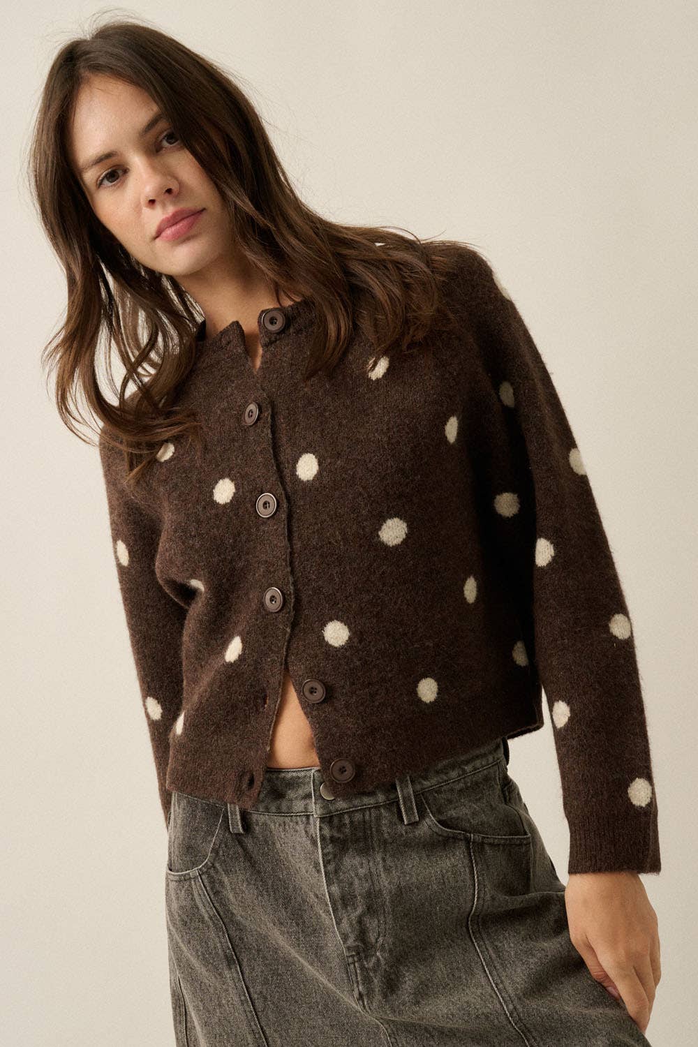 Polka Dot Jacquard-Knit Button-Up Crew-Neck Cropped Cardigan
