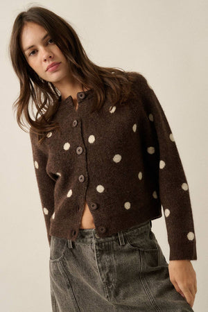 Polka Dot Jacquard-Knit Button-Up Crew-Neck Cropped Cardigan