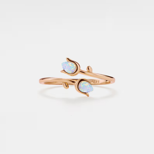 Dainty Opal Tulip Flower Bypass Ring in 925 Sterling Silver