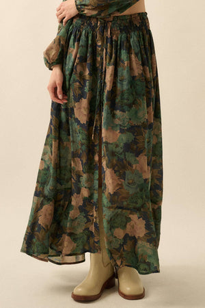 Floral-Print Drawstring Button-Front Maxi Skirt