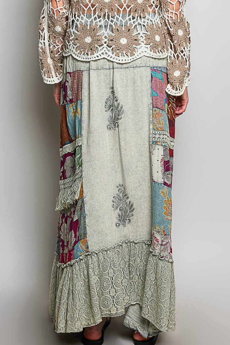 Print Patch Vintage Wash Ruffle Long Skirt