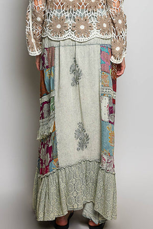 Print Patch Vintage Washing Ruffle Long Skirt