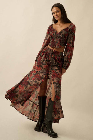 Floral-Print Drawstring Button-Front Maxi Skirt