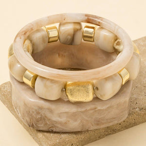 Mixed Square Resin Bangle And Beads Bracelet Set