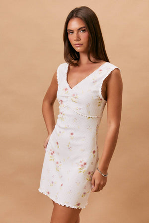 SLEEVELESS V-NECK LACE TRIM DETAIL POINTELLE MINI DRESS
