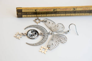 Greater Moth and Moon Art Nouveau Stainless Steel Earrings