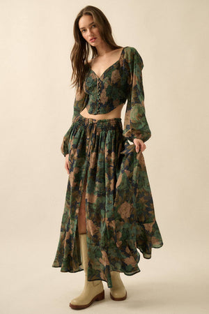 Floral-Print Drawstring Button-Front Maxi Skirt
