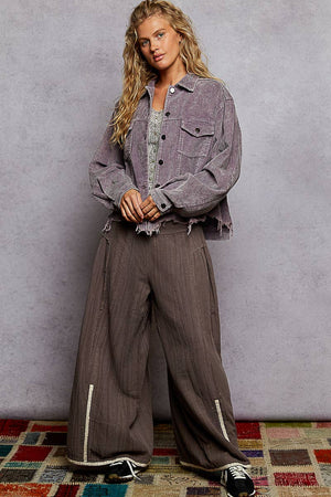 Pocket front button down distressed hem corduroy jacket