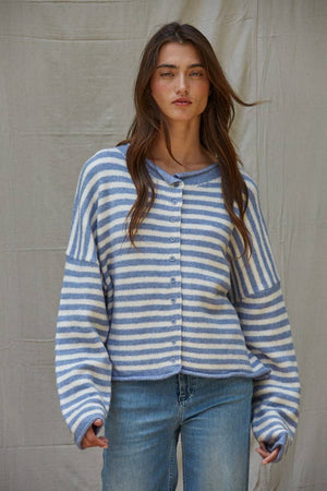 Blue and White Striped Button Down Knit Cardigan