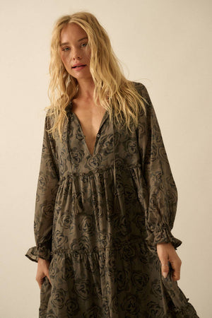 Floral Tiered Ruffle Bubble-Sleeve Midi Dress