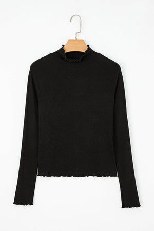 Ribbed Knit Lettuce Trim High Neck Long Sleeve Top