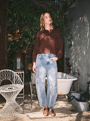 EMBROIDERED DETAIL COTTON BARREL PANTS