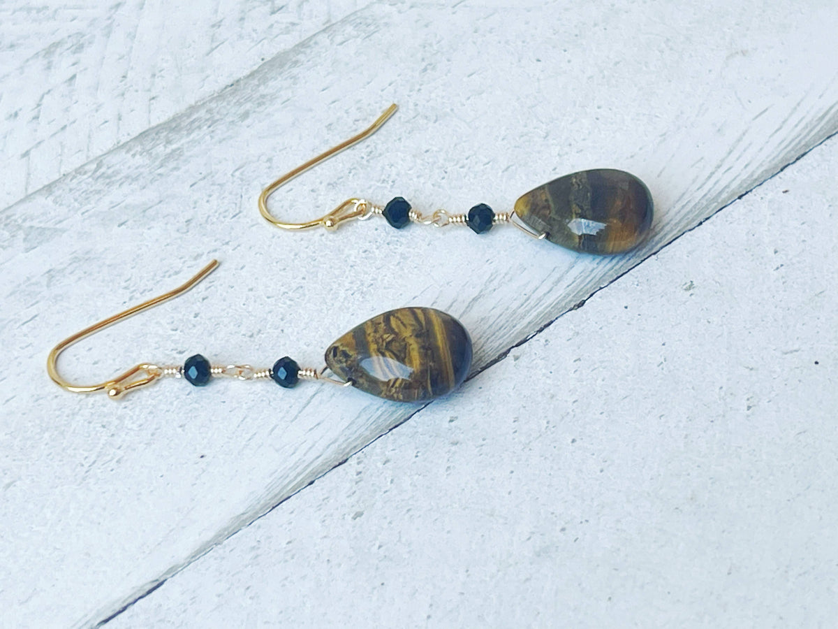 Tiger's Eye & Black Glass Earrings