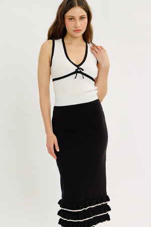TIERED RUFFLE MIDI SWEATER SKIRT WITH BACK SLIT